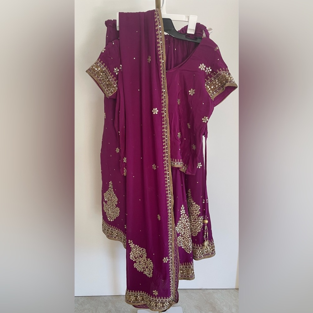 Elegant Plum Purple and Gold Embellished 3 Piece Bollywood Wedding Lehenga